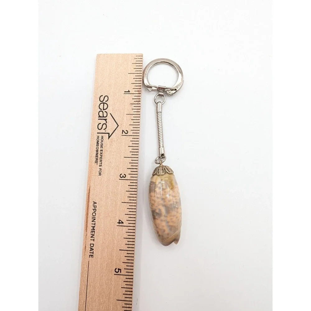 Vintage Natural Olive Sea Shell Keychain Silver Tone‎ Snake Chain Souvenir Boho